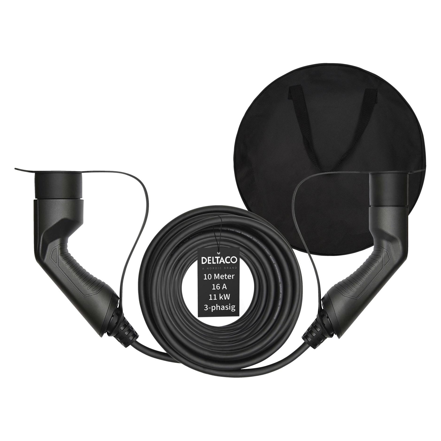 Deltaco EV-32110B + Tasche 3-phasig IEC Typ 2 auf Typ 2 - 16A 11kW, 10m (Typ 2, 11 kW, 16 A, 10 m) (EV-32110B)