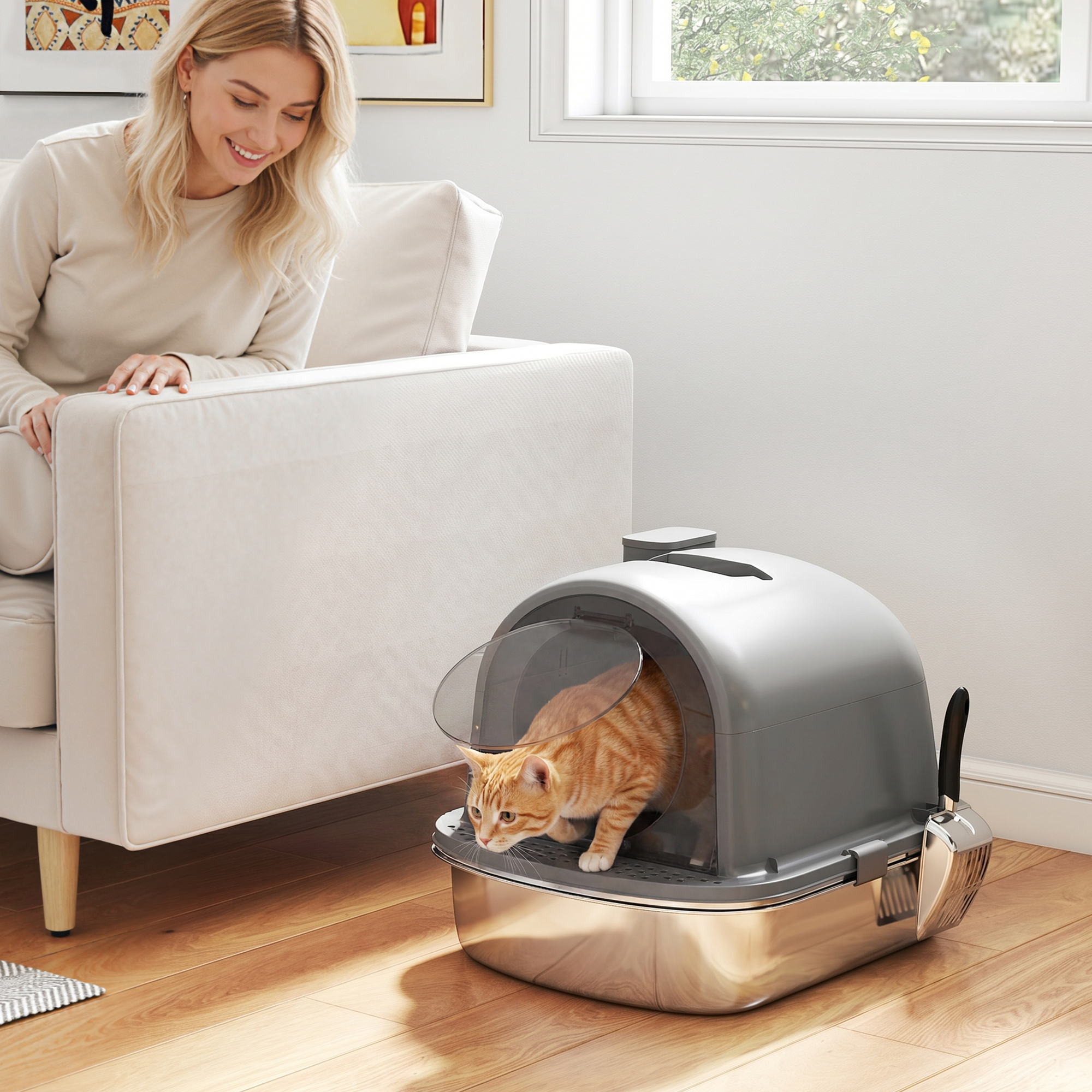 Pawhut Lettiera per Gatti in Acciaio Inossidabile con Coperchio Sacchetto Deodorante Paletta Facile da Pulire 52,4x41,3x39,9 cm Grigio Scuro   Aosom Italy