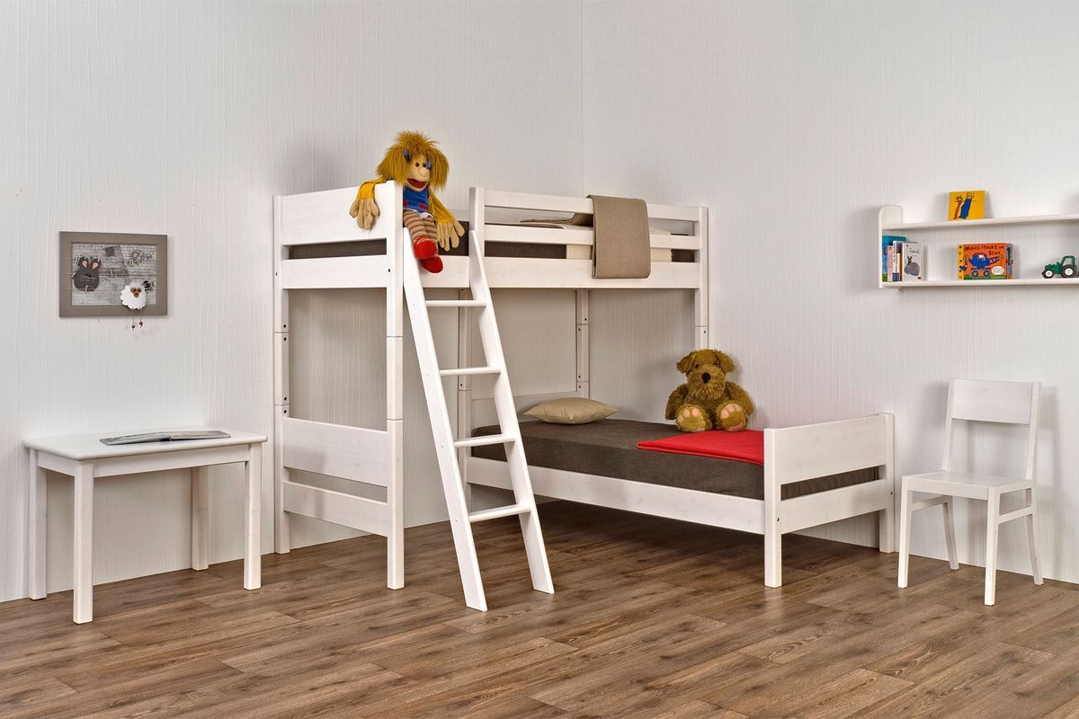 Eck-Stockbett Castello 90 x 200 cm Fichte Weiß lackiert mit Leiter