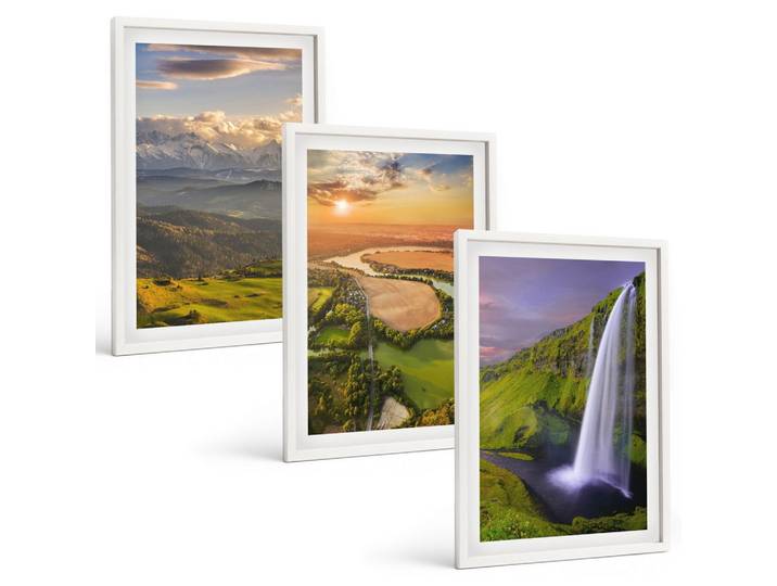 BILDER SET 3er Set - 40x60 cm Weißer Rahmen - Gebirgsflüsse, Wasserfälle, Natur