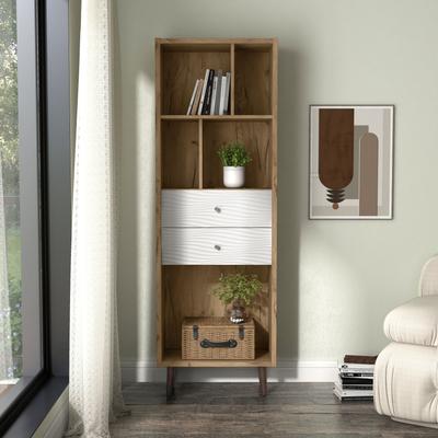 247 Shop At Home Mid-Century Modern Light Oak 5-Open Shelf and 2-Drawer Bookcase