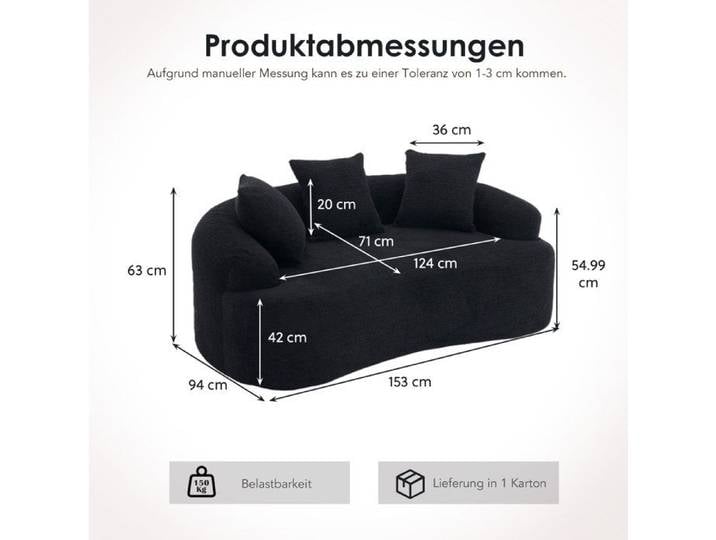 WOVREO Canapé 2 Places Modulable Courbé en Chenille Noir 3 Coussins Décoratifs Sans Montage