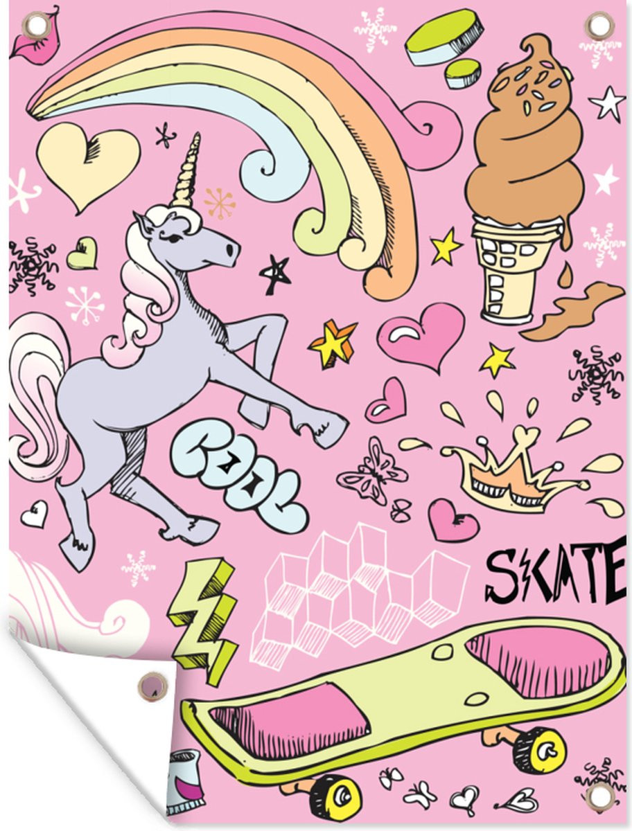 Tuinposter met Unicorn en Regenboog Design - Roze Tuindecoratie voor Buiten - B/H: 120 x 160 cm
