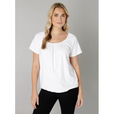 T-Shirt BASE LEVEL "Yona", Damen, Gr. 38, weiß, Single Jersey, Obermaterial: 94% Viskose, 6% Elasthan, unifarben, figurumspielend hüftlang, Rundhals, Shirts T-Shirt, mit Raffung am Rundhalsausschnitt