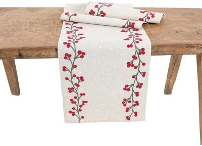Manor Luxe "Holly Berry Branch Crewel Embroidered Christmas Table Runner 16""x36"""