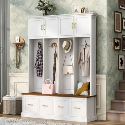 Farmhouse Entryway Hall Tree with Coat Hooks, Cabinets, and Drawers