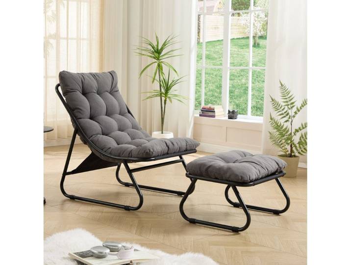 WUVRIE Fauteuil lounge avec repose-pieds acier thermolaqué gris et noir pour intérieur et extérieur