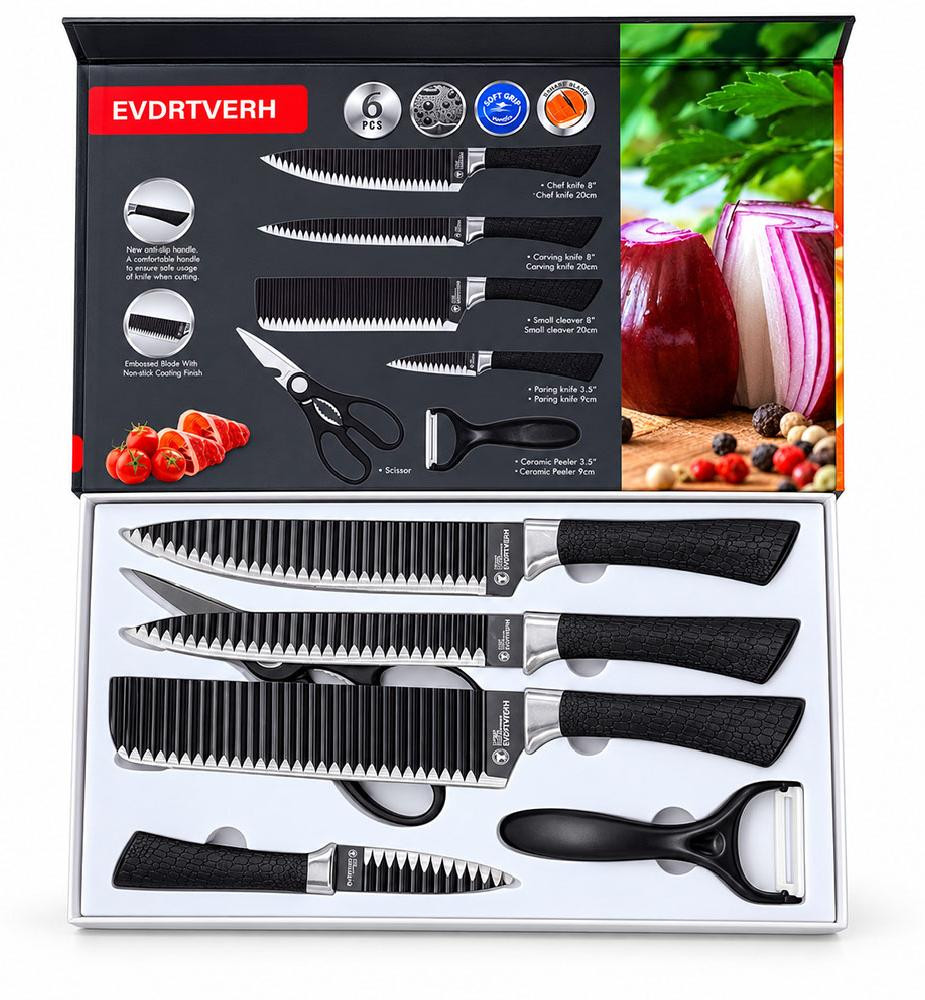Haus Roland set keukenmessen en accessoires, 6 stuks, zwart