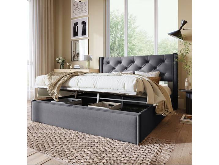 Lit coffre double gris 140×200 cm avec sommier relevable tête de lit capitonnée structure solide