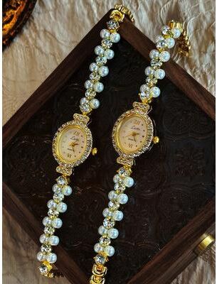 Youfap Market Elegant Vintage Women's Watch With Pearl, Rhinestone Inlays, Oval Mother Of Pearl Dial For Daily Wear And Parties Elegant Vintage Women's Watch With Pearl, Rhinestone Inlays, Oval Mother Of Pearl Dial For Daily Wear And Parties