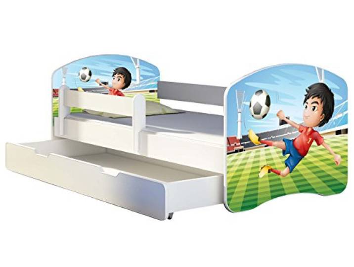 ACMA Kinderbett 140x70 Jugendbett mit Einer Schublade und Matratze, Rausfallschutz, Lattenrost Weiß, stabil, Kinderzimmer Bett, Jugendmöbel Design 13 Fußballer