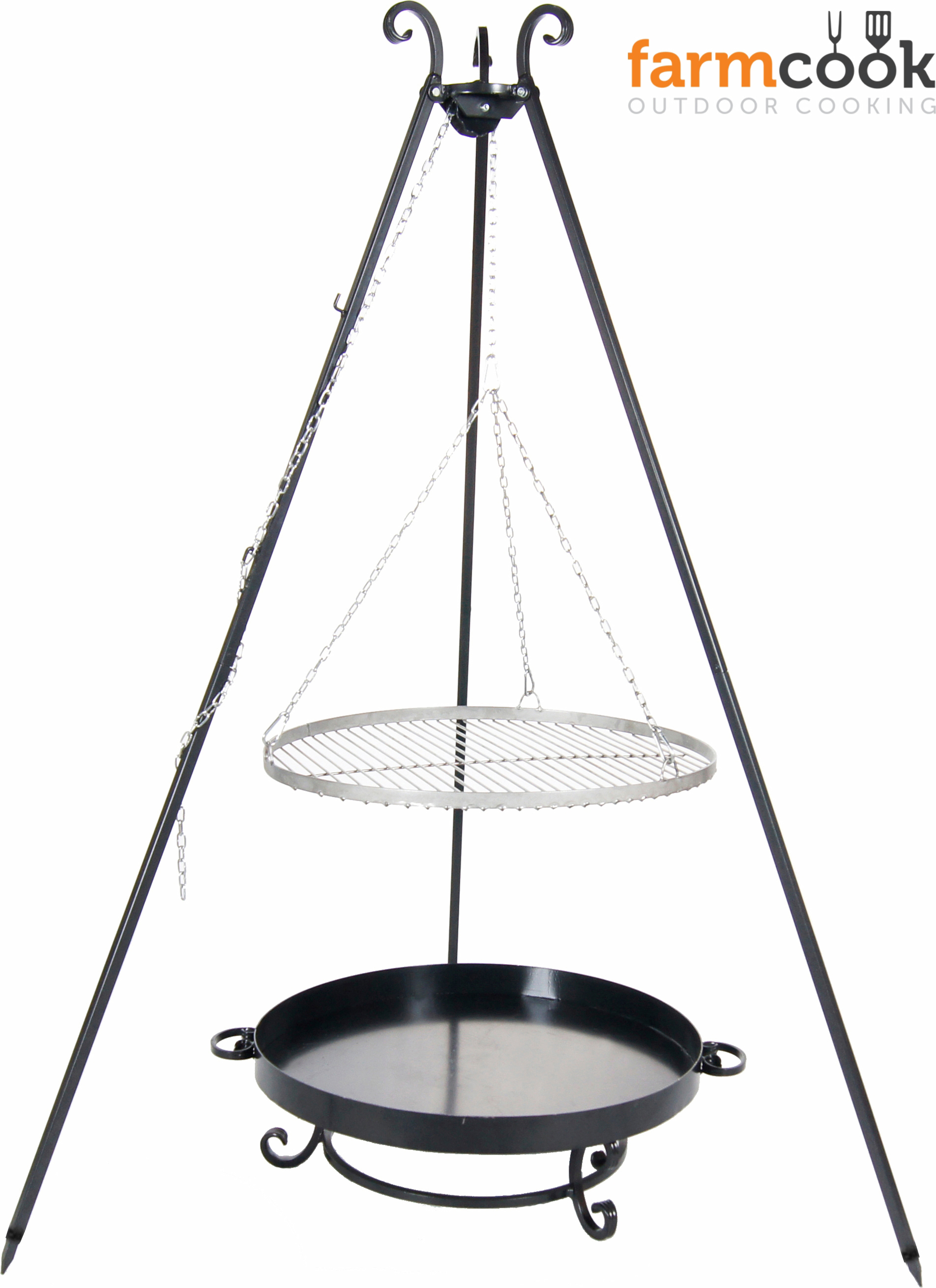 Farmcook E00806 Schwenkgrill mit Dreibein OSKAR (Rost aus Edelstahl+Dreibein+Feuerschale Pan 32) ; Rost (Durchmesser): 60cm ; Feuerschale (Durchmesser): 70cm ; Höhe: 210cm