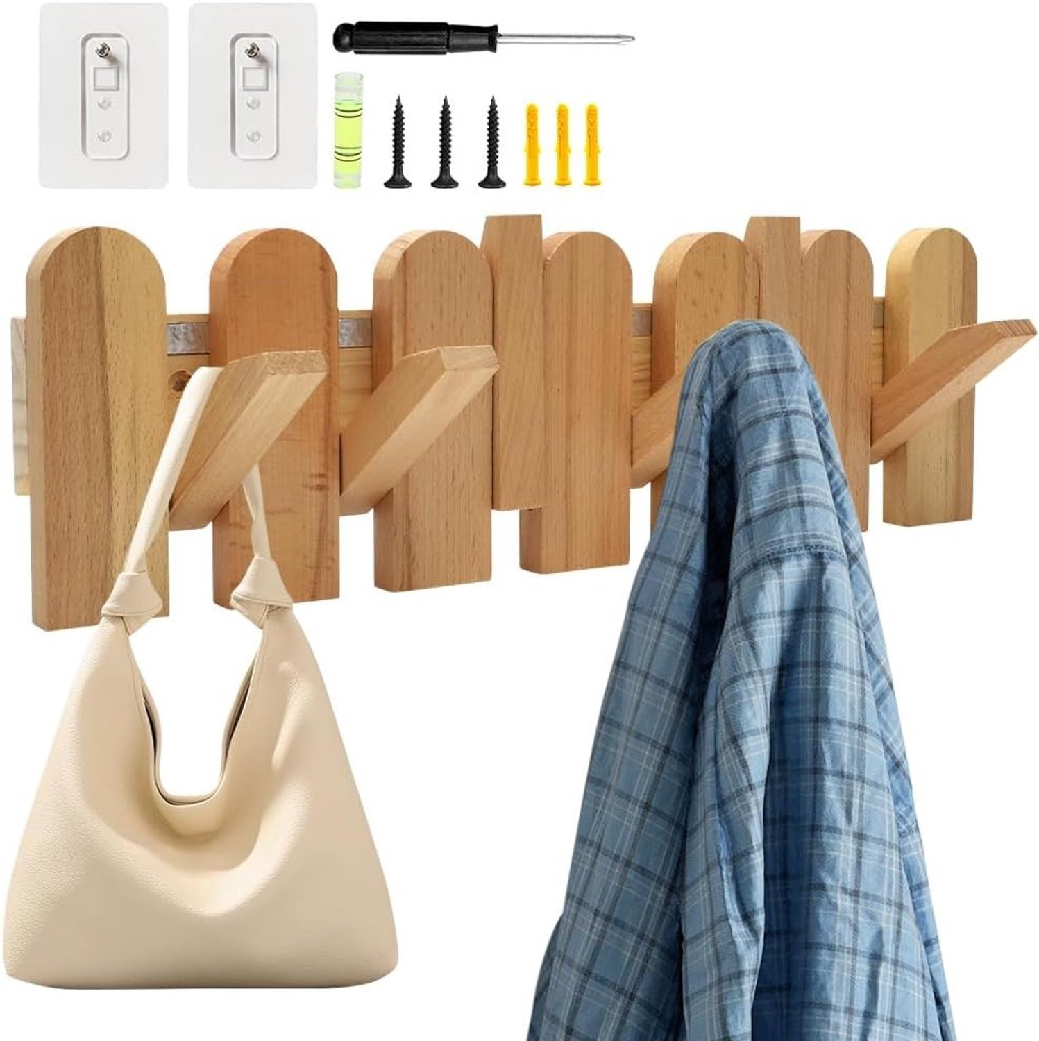 Moderne houten wandgarderobe met 6 haken voor jassen, sjaals en handtassen