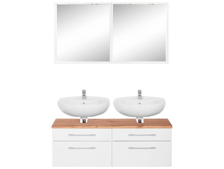 Badmöbel-Set WELLTIME Davos , weiss (weiß), Holzwerkstoff, Kastenmöbel-Sets, Badmöbel-Set, 2 Spiegel inklusive Beleuchtung und Waschbeckenunterschrank