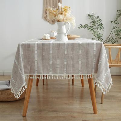 Enova Home High Quality Rectangle Cotton Linen Washable Tablecloth Stripe with Tassel for Home Party Wedding Dining Table