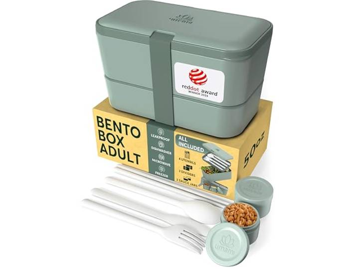 Umami Bento Lunchbox, bestek en 2 sauspotten inbegrepen, Bento Box, magnetronlunchbox, lunchbox voor volwassenen, inbouwbox, 4 vakken, Bento Box, lunchbox