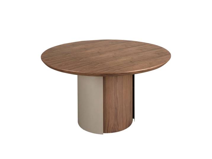 Angel Cerda Runder Esstisch Modell 1163, Walnussfurnier und sandfarbener Stahl, Walnussfarben, Metall, Holz, Echtholz,Nussbaum, Rundform,Rund,Rund, 140x76x140 cm, Esszimmer, Esstische