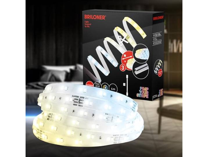 BRILONER – LED Stripe Erweiterungsset 4m LED Strip, Warmweiß bis Kaltweiß, CCT, Dimmbar, Kürzbar, Selbstklebend, Streifen, Lichtleiste, Zimmer Deko, Gaming Deko, Lichtband, Weiß