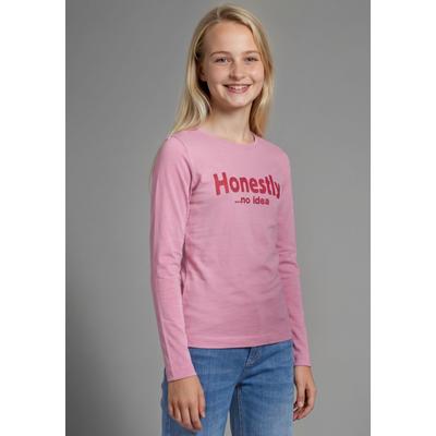 Langarmshirt KIDSWORLD "Slogan Shirt: HONESTLY", Mädchen, Gr. 164/170, rosa, Single Jersey, Obermaterial: 100% Baumwolle, Basic hüftlang, tiefer Rundhals, Shirts Langarmshirt, Spücheshirt, langärmlig, Basic-Stil, mit tiefem Rundhalsausschnitt