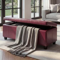 Aufbewahrungs-Truhe Sitzbank Arezzo, Leder + Kunstleder, 112x45x45cm MVG-zertifiziert ~ rot