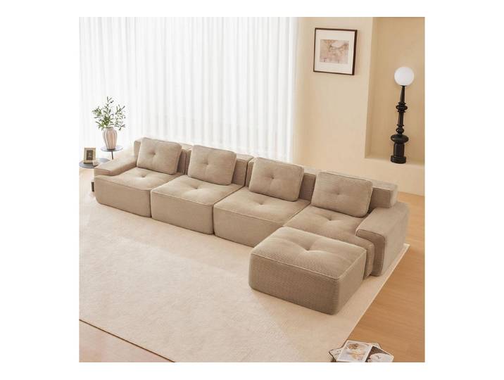 LuxusKollektion Wohnlandschaft Sofa modular Ecksofa 4Sitzer Hocker Cord Beige 4-Sitzer-Sofa 1 Hockern