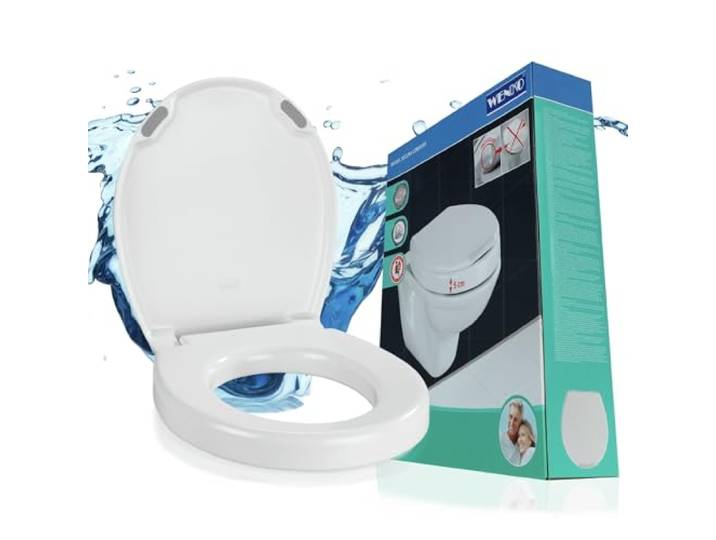 WENKO WC Sitz mit 5 cm Sitzerhöhung, hohe Belastbarkeit bis 200 kg, Toilettendeckel mit Absenkautomatik, aus antibakteriellem Duroplast, mit stabilen Anti-Rutsch-Puffern, Mod. Secura Comfort, weiß