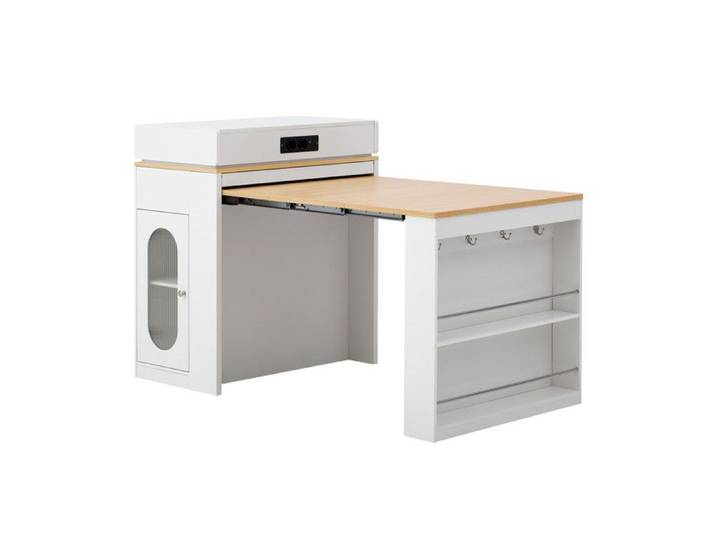 Îlot de cuisine avec roulettes table à manger extensible avec plateau pliable table de bar avec multiprise et crochets (blanc)