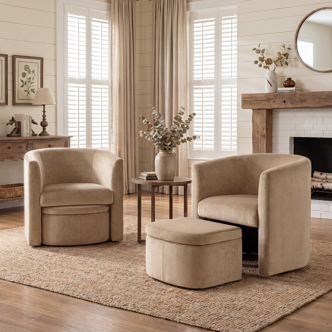 Ivy Bronx Kyah Upholstered Barrel Chair With Footstool Brown Velvet 75cm H X 75.4cm W X 65cm D
