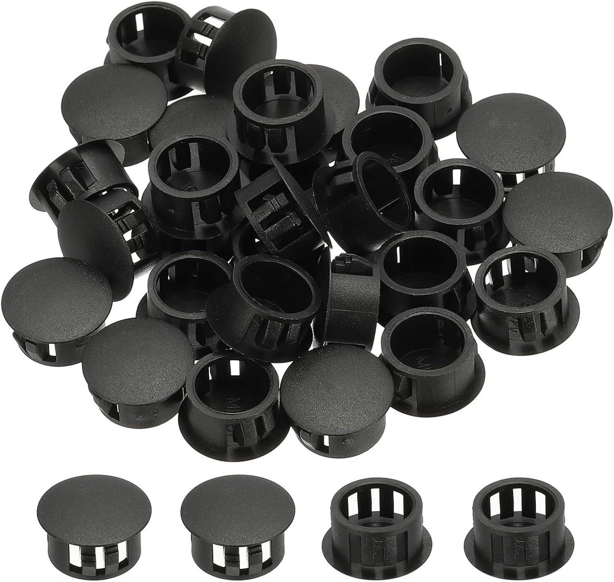 Zwarte plastic afdekkapjes voor schroefgaten, 16 mm, verstevigd nylon ontwerp