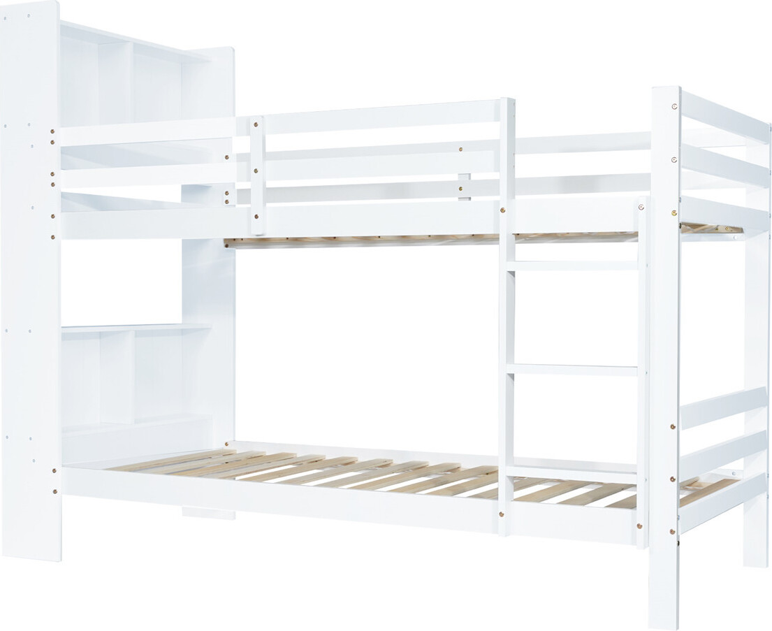 Etagenbett mit Regalen und dreistufiger, rechtwinkliger Leiter, Stauraum-Holzbett, Bettrahmen aus Massivholz, Weiß, 90x200 cm