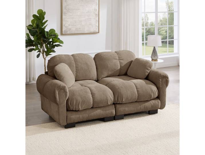 Canapé droit 2 places modulable avec coussins épais et petit coussin mobile - ELVMI - dossier courbé chenille marron