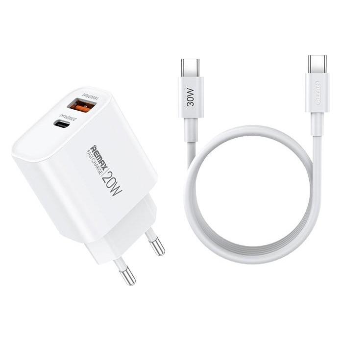 Remax WALL CHARGER CABLE SET 20W RP-U120 USB/USB-C + USB-C TO USB-C CABLE WHITE (20 W, 2 Ports) (59299752)