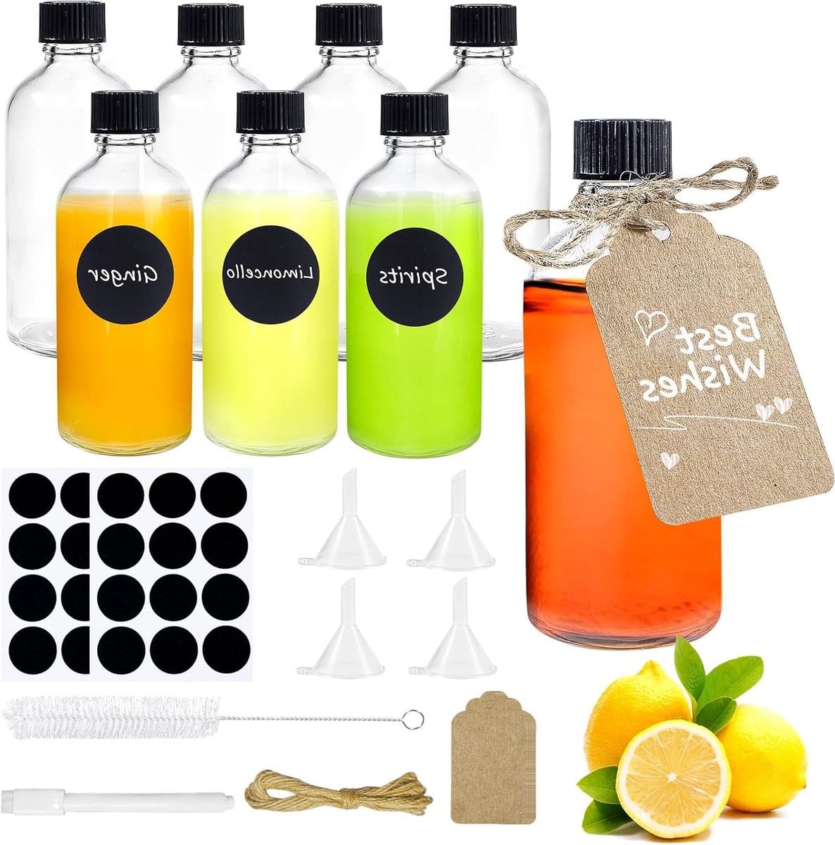 PromoHome 8-delig set glazen miniflessen 100ml met accessoires