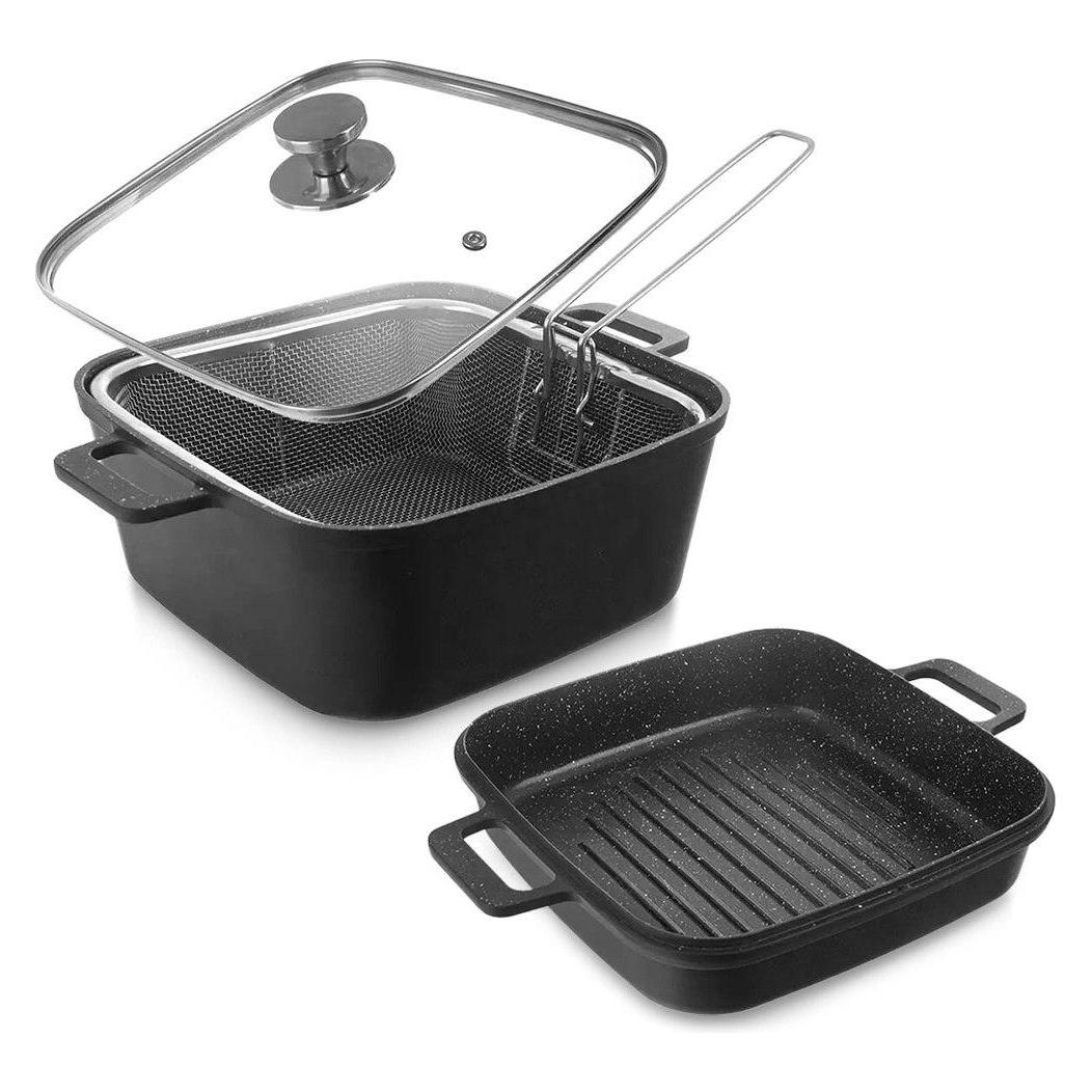 Orion Garnek granitowy ze szklaną pokrywką patelnią grillową koszyczkiem GRANDE 2+4 l 4 el. (62853816)