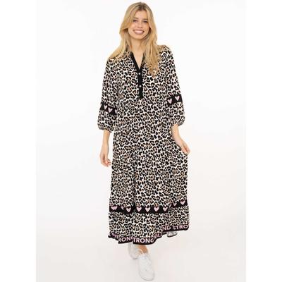 Maxikleid ZWILLINGSHERZ "Classic Leo", Damen, Gr. S/M, N-Gr, bunt (schwarz), Web, Obermaterial: 100% Viskose, gemustert, mehrfarbig, knöchelfrei, V-Ausschnitt, ohne Bündchen mit Gummizug, Kleider Maxikleid, Leomuster, Knopfleiste und 3/4 Arm