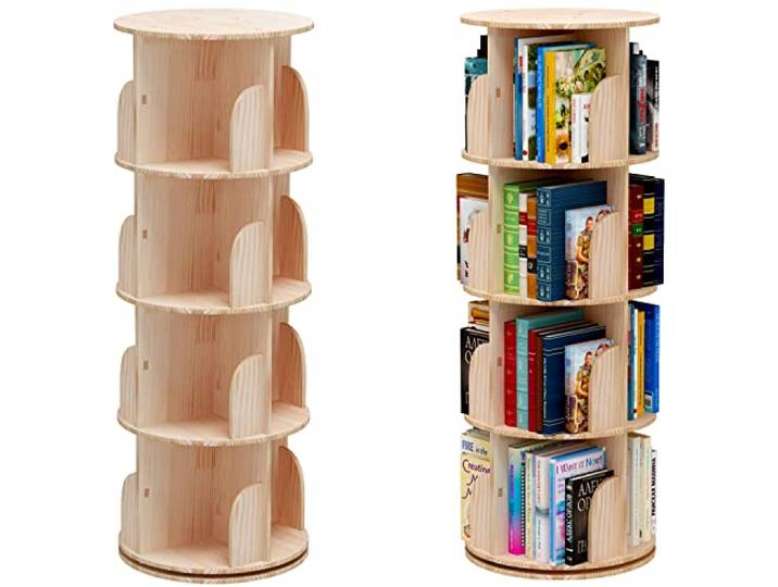 PTUWODS Drehregal mit 360 Grad, Aufbewahrungsregal für Kinder und Erwachsene, multifunktionales Regal, aus Massivholz (46 x 129 cm)