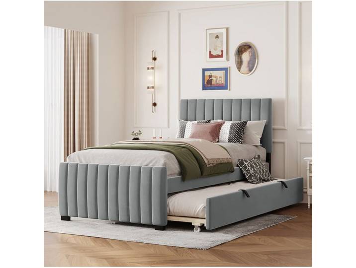 Lit enfant rembourré gris en velours avec lit gigogne et tête de lit capitonnée