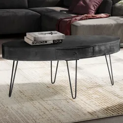 Couchtisch 100cm oval Massivholz schwarz Wohnzimmertisch Schublade Industrial