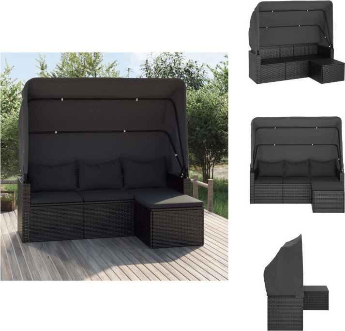 vidaXL 3-Sitzer-Gartensofa mit Dach und Fußhocker Schwarz Poly Rattan - Gartensofas