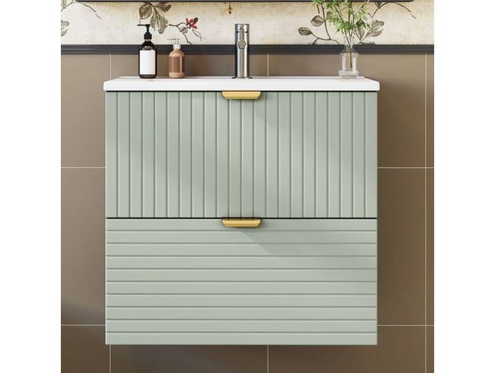 Meuble vasque mural 61 cm avec vasque en céramique et 2 tiroirs en MDF vert menthe