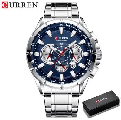 Inspired Finds CURREN Men's Chronograph Watch Stainless Steel Sport Wristwatch With Big Dial & Luminous Hands silver Blue Box