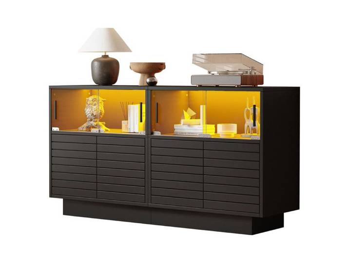 Buffet avec éclairage LED - Armoire de Rangement avec Portes Verre Buffet de Salle à Manger Moderne 130x35x68cm - Meubles Noirs