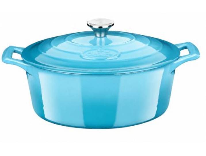 La Cuisine Gusseisen Bräter Bratentopf Topf Schmortopf Cocotte emailliert mit Deckel Induktion Brotbacktopf Backofengeeignet Ovale Form 33cm 6.5 Liter Hellblau…