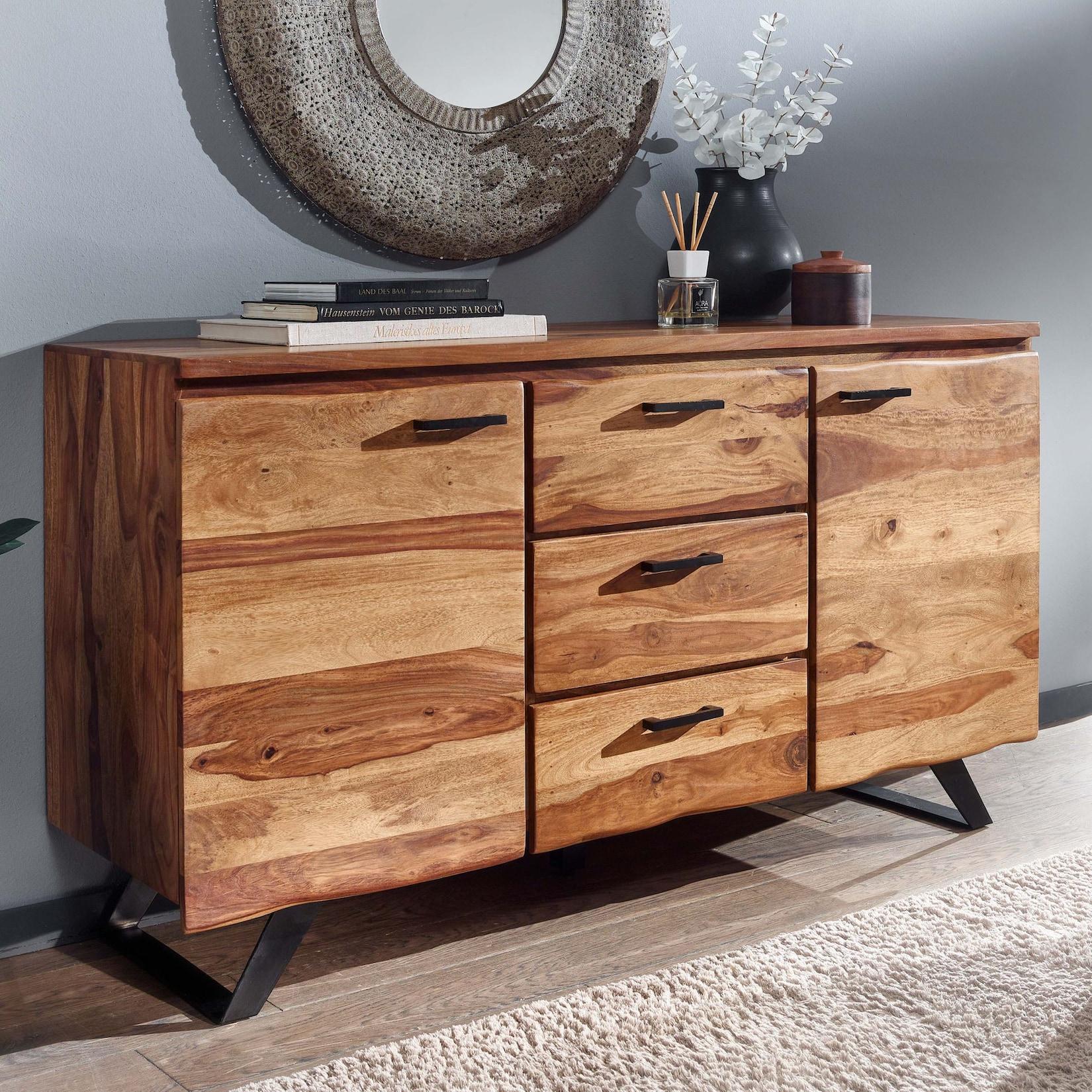Massivholz Sideboard 145cm Sheesham Design Kommode mit 2 Türen & 3 Schubladen Baumkante