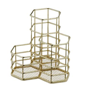Relaxdays Pinselhalter, 3 Fächer, sechseckig, H x B x T: 12,5 x 12 x 12,5 cm, Draht, Stiftebecher Schreibtisch, gold