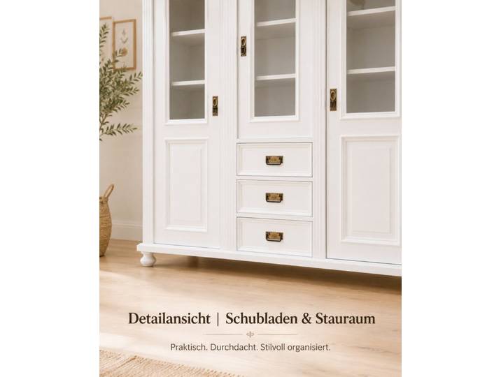 Wohnpalast Vitrine Premium Jugendstil Vitrine aus Weichholz – Landhaus-Stil, graubeige la