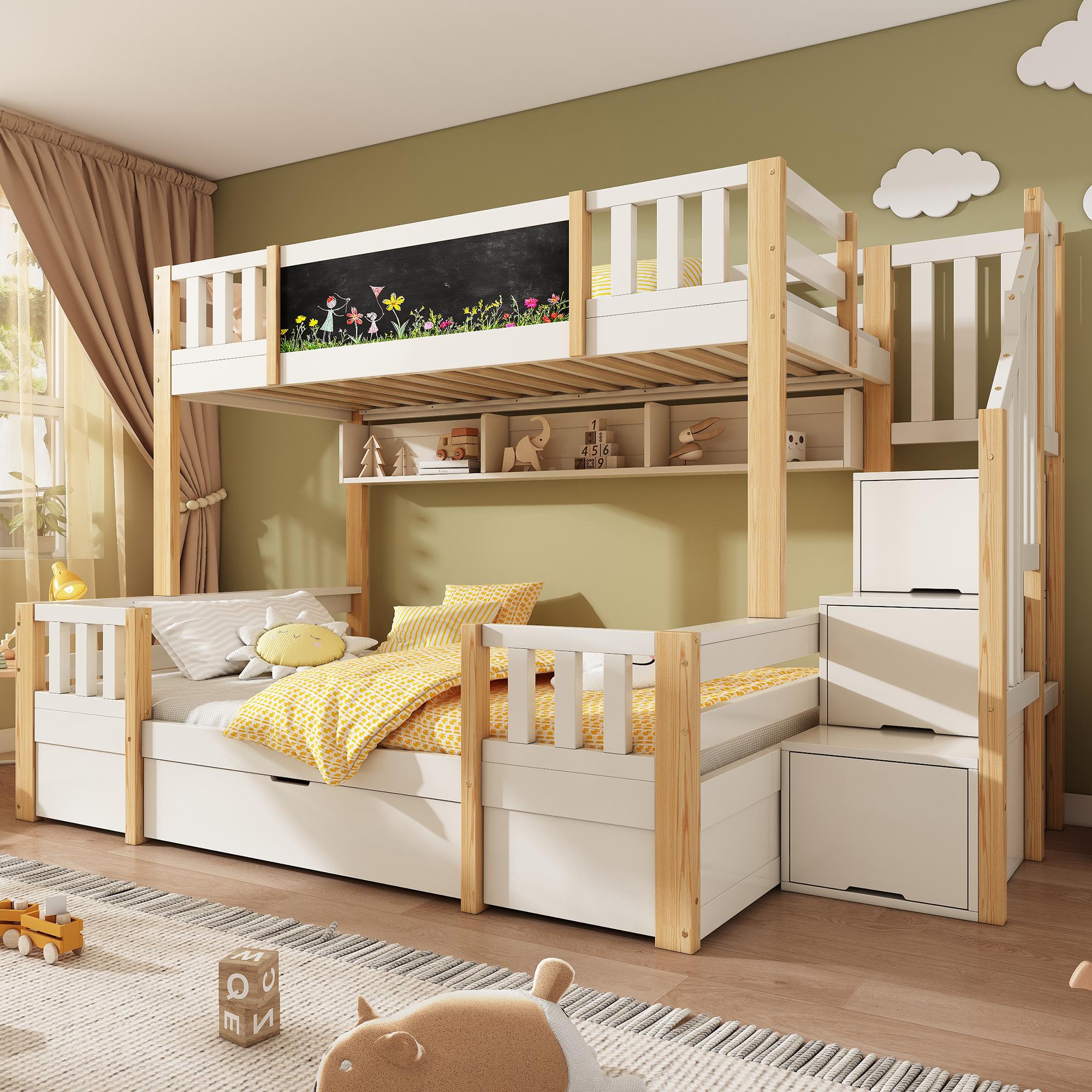okwish Etagenbett 90/140x200 Stockbett mit Schubladen auf Rollen,Bettgestell Holzbett mit integrierter Leiterschrank,Weiß Natur(mit Matratze)