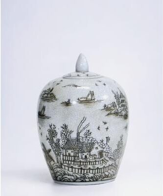 Orchard Creek Designs Porcelain Ginger Jar with Chinoiserie Design - Brown