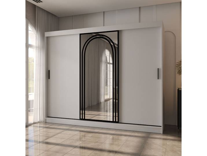 Schiebetürenschrank Weiß Matt 10 Fächer 2 Kleiderstangen 250 x 62 x 200 cm Kleiderschrank Spiegeltür hochwertig Verarbeitet moder