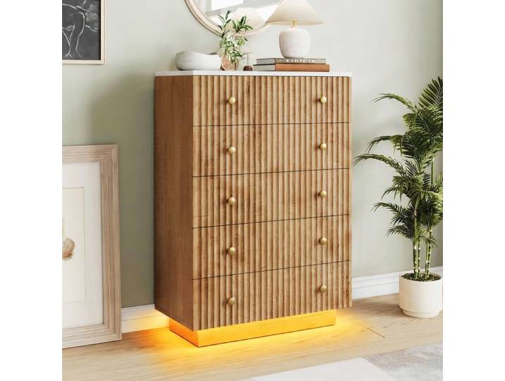 Commode Bois Commode 5 Tiroirs avec Led Armoire à Tiroirs Chambre Meuble a Tiroirs Rangement avec une Conception Anti-Basculement